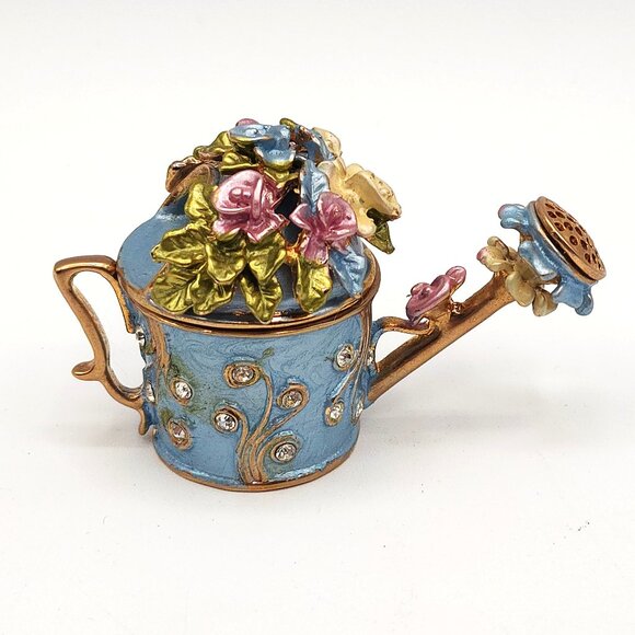 Watering Can Trinket Box Vintage Unsigned Rhinestones Flowers Magnetic Closure - Picture 4 of 9